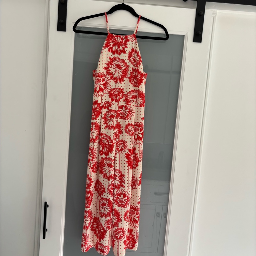 Topshop Red and Cream Halter Jumpsuit Wedding Guest